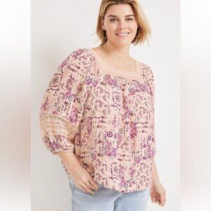 Maurices Boho Peasant Parsley Hippie Romantic Short Balloon Sleeves Top Size XXL
